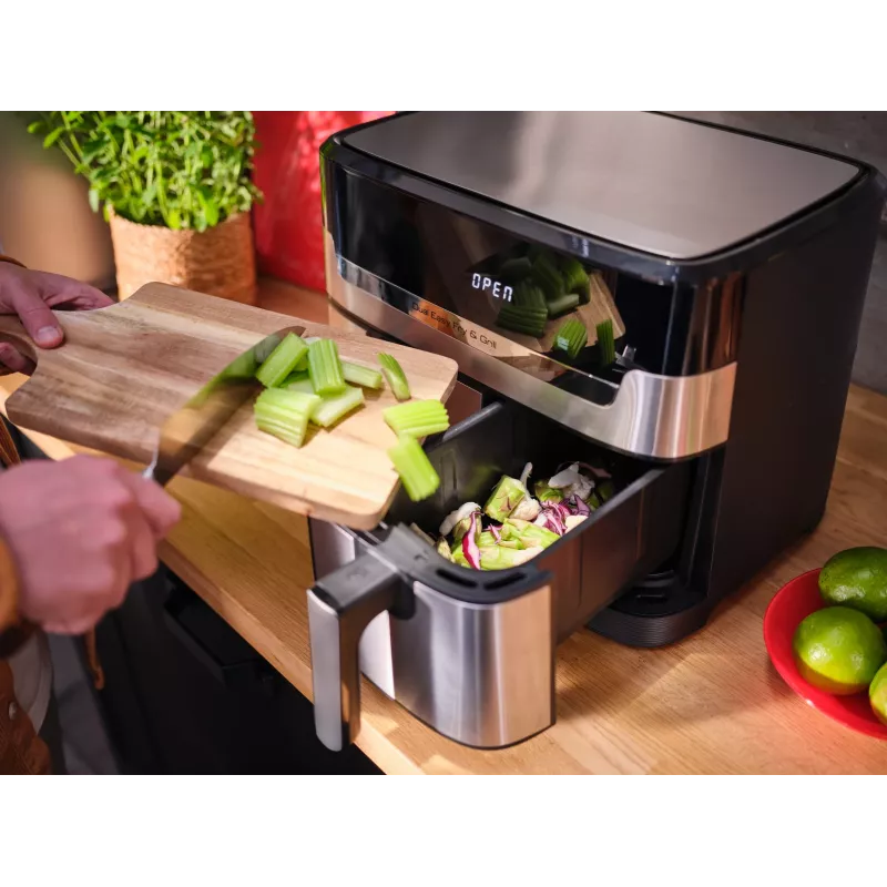 Tefal Dual Easy Fry & Grill EY905D dviguba 8,3 l atskirai stovinti 2700 W karšto oro gruzdintuvė, nerūdijantis plienas
