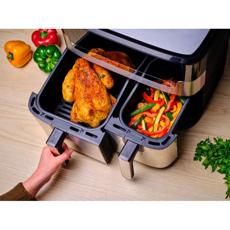 Tefal Dual Easy Fry & Grill EY905D dviguba 8,3 l atskirai stovinti 2700 W karšto oro gruzdintuvė, nerūdijantis plienas