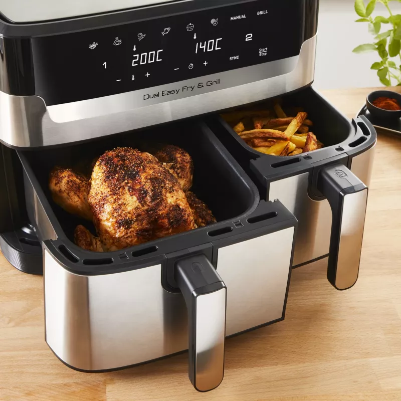 Tefal Dual Easy Fry & Grill EY905D dviguba 8,3 l atskirai stovinti 2700 W karšto oro gruzdintuvė, nerūdijantis plienas