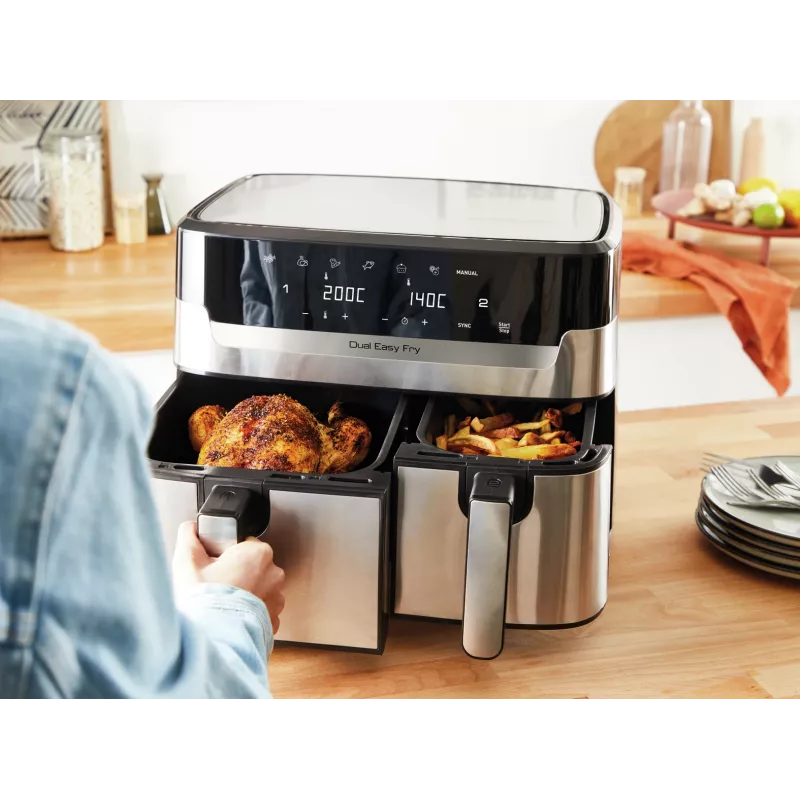 Tefal Dual Easy Fry & Grill EY905D dviguba 8,3 l atskirai stovinti 2700 W karšto oro gruzdintuvė, nerūdijantis plienas