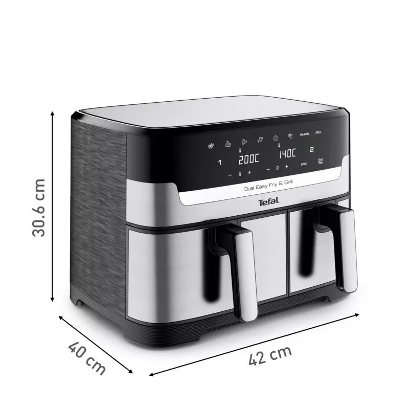 Tefal Dual Easy Fry & Grill EY905D dviguba 8,3 l atskirai stovinti 2700 W karšto oro gruzdintuvė, nerūdijantis plienas