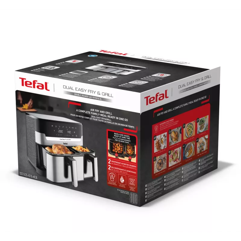 Tefal Dual Easy Fry & Grill EY905D dviguba 8,3 l atskirai stovinti 2700 W karšto oro gruzdintuvė, nerūdijantis plienas