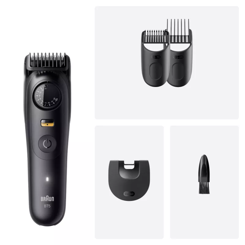 Barzdaskutė BRAUN BT5520 — 0,5–20 mm, 40 ilgio pakopų, įkraunama, 120 min. baterijos veikimo laikas, juoda
