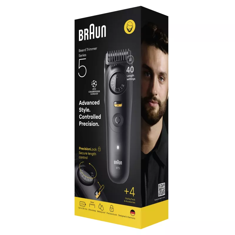 Barzdaskutė BRAUN BT5520 — 0,5–20 mm, 40 ilgio pakopų, įkraunama, 120 min. baterijos veikimo laikas, juoda