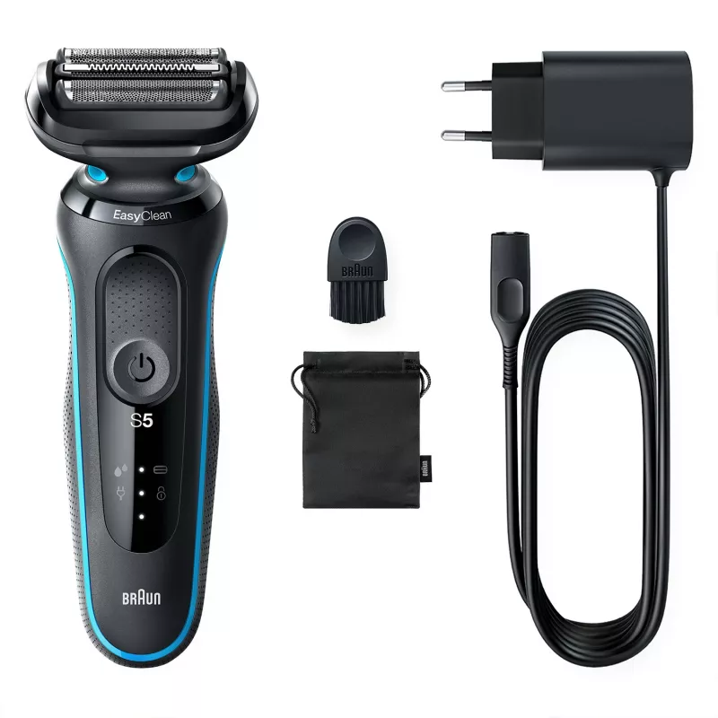 Elektrinė skustuvė BRAUN Series 5 51-M1000s — 3 galvučių, šlapia ir sausa, įmontuota ličio jonų baterija, greitas įkrovimas, juoda/mėlyna