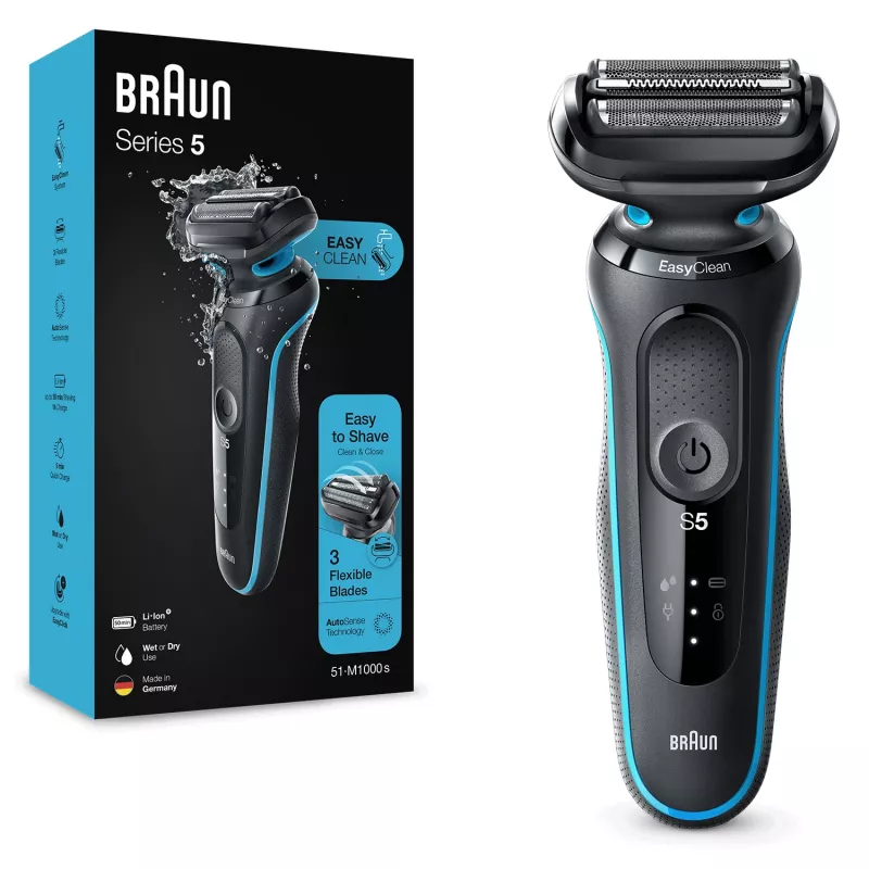 Elektrinė skustuvė BRAUN Series 5 51-M1000s — 3 galvučių, šlapia ir sausa, įmontuota ličio jonų baterija, greitas įkrovimas, juoda/mėlyna