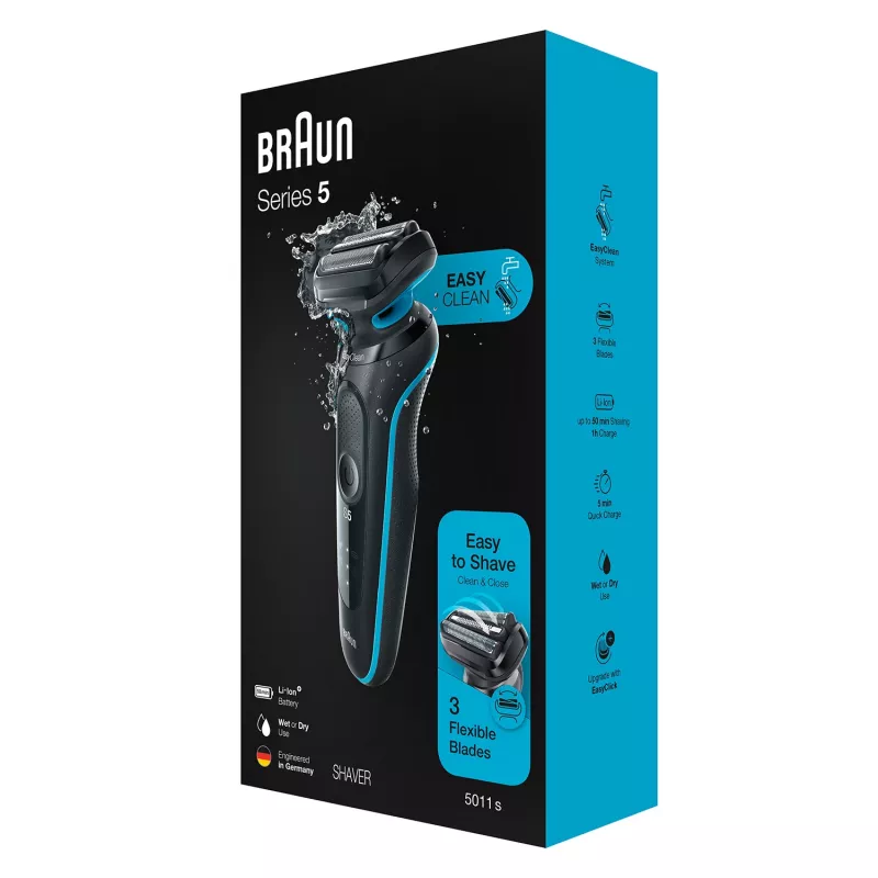 Elektrinė skustuvė BRAUN Series 5 51-M1000s — 3 galvučių, šlapia ir sausa, įmontuota ličio jonų baterija, greitas įkrovimas, juoda/mėlyna