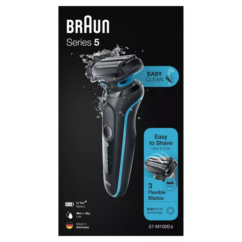 Elektrinė skustuvė BRAUN Series 5 51-M1000s — 3 galvučių, šlapia ir sausa, įmontuota ličio jonų baterija, greitas įkrovimas, juoda/mėlyna