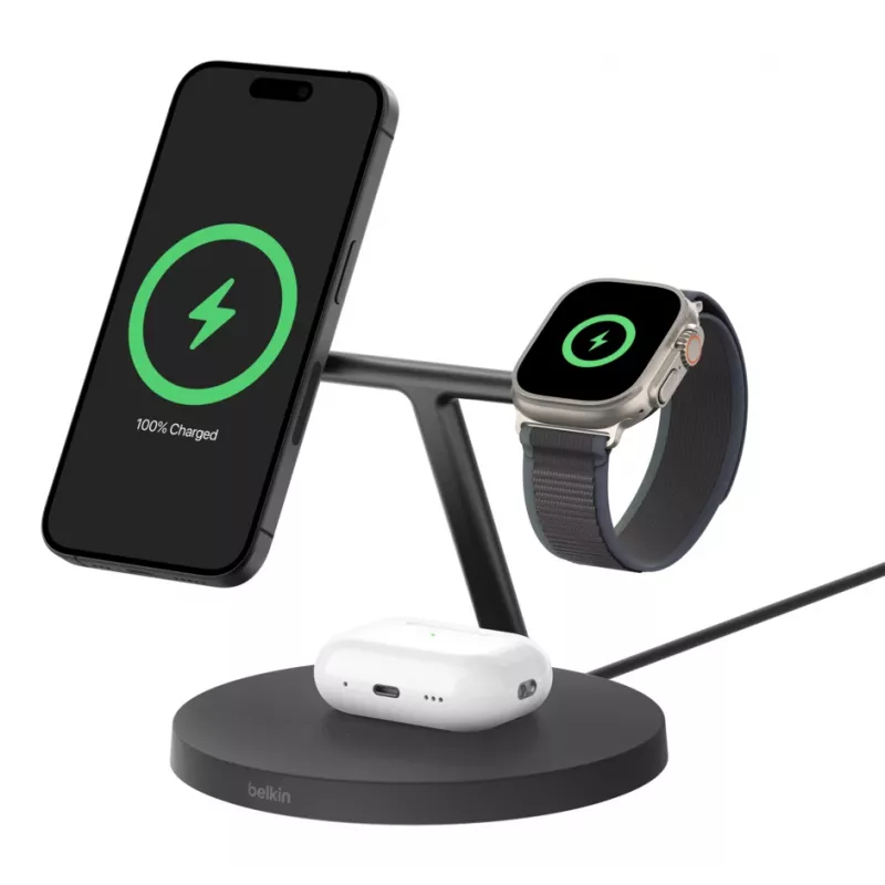 BELKIN belaidis įkrovimo stovas - Boost Charge Pro - 3-in-1 su Qi2 15 W - juodas