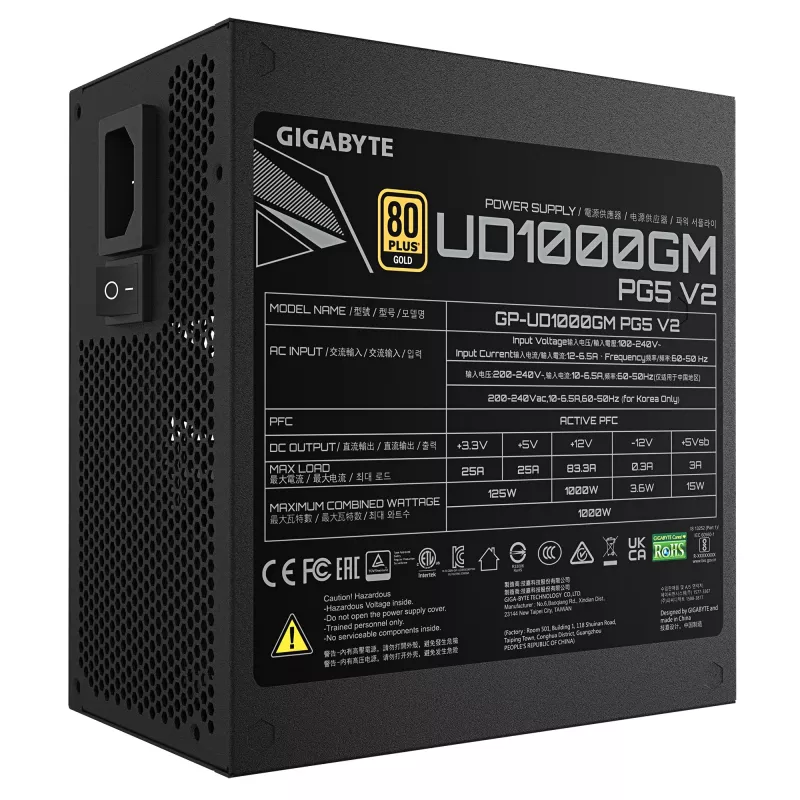 GIGABYTE UD1000GM PG5 V2 maitinimo blokas- PCIe Gen 5.1, 80 PLUS Gold, visiškai modulinis dizainas, 120 mm ventiliatorius, suderinamas su ATX 3.1, EU kištukas
