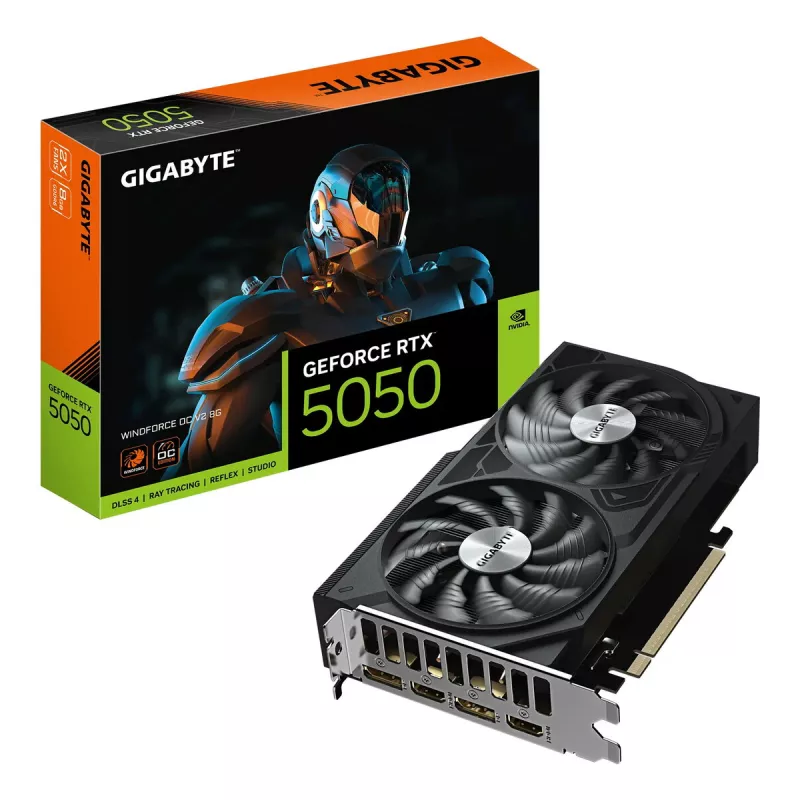 GIGABYTE GeForce RTX 5050 WINDFORCE OC V2 8G vaizdo plokštė – 8 GB GDDR6, 128 bitų, PCI-E 5.0, 2572 MHz branduolio dažnis, 2 x DP, 2 x HDMI, NVIDIA DLSS 4, GV-N5050WF2OCV2-8GD