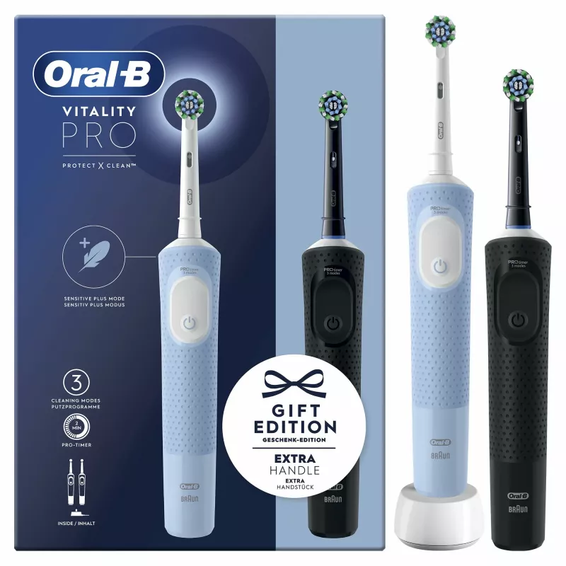 Oral-B Vitality Pro Duo suaugusiųjų besisukantis-osciliuojantis dantų šepetėlis Juoda, Mėlyna, Balta