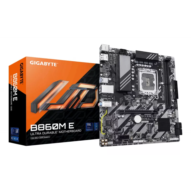 Micro-ATX pagrindinė plokštė GIGABYTE B860M E — LGA 1851, skirta Intel Core Ultra, DDR5 iki 8800 MHz (O.C), 2×PCIe 4.0 M.2, 1GbE