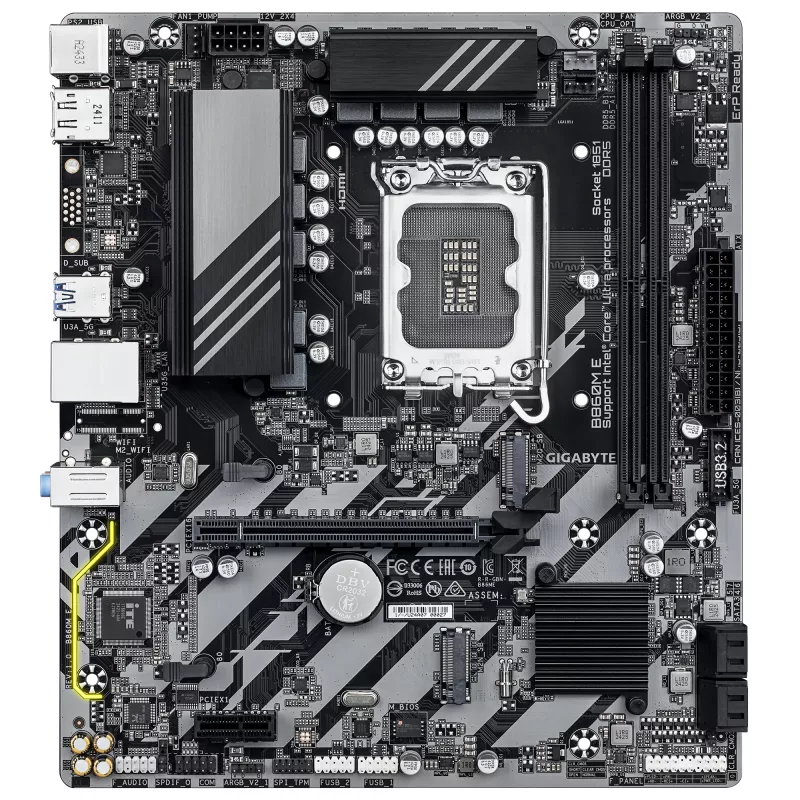 Micro-ATX pagrindinė plokštė GIGABYTE B860M E — LGA 1851, skirta Intel Core Ultra, DDR5 iki 8800 MHz (O.C), 2×PCIe 4.0 M.2, 1GbE