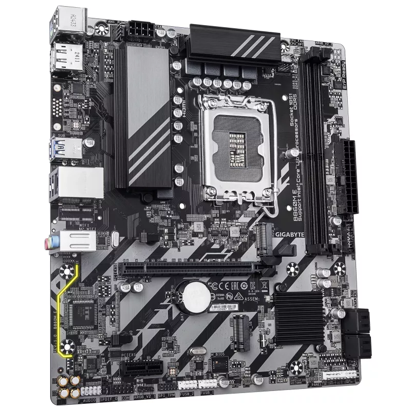 Micro-ATX pagrindinė plokštė GIGABYTE B860M E — LGA 1851, skirta Intel Core Ultra, DDR5 iki 8800 MHz (O.C), 2×PCIe 4.0 M.2, 1GbE