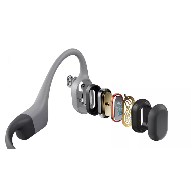 Ausinės Shokz OpenSwim Pro — atviros ausies kaulinio laidumo belaidės ausinės, IP68 atsparios vandeniui, Bluetooth 5.4, 32 GB, 9 h atkūrimo, pilkos