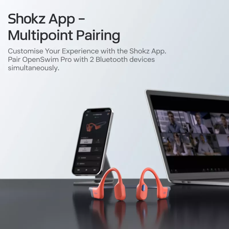 Ausinės Shokz OpenSwim Pro — atviros ausies kaulinio laidumo belaidės ausinės, IP68 atsparios vandeniui, Bluetooth 5.4, 32 GB, 9 h atkūrimo, pilkos
