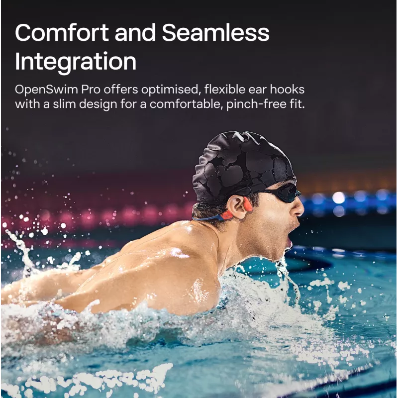 Ausinės Shokz OpenSwim Pro — atviros ausies kaulinio laidumo belaidės ausinės, IP68 atsparios vandeniui, Bluetooth 5.4, 32 GB, 9 h atkūrimo, pilkos
