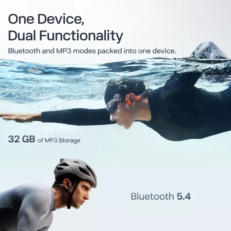 Ausinės Shokz OpenSwim Pro — atviros ausies kaulinio laidumo belaidės ausinės, IP68 atsparios vandeniui, Bluetooth 5.4, 32 GB, 9 h atkūrimo, pilkos