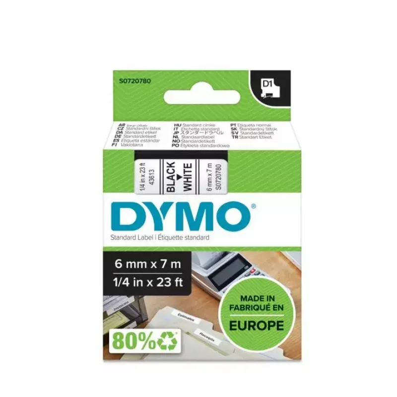 DYMO Authentic D1 etiketės | Juodas spauda ant baltos juostos | 6 mm x 7 m | Lipnios etiketės, skirtos LabelManager etikečių gamintojams | Pagaminta Europoje