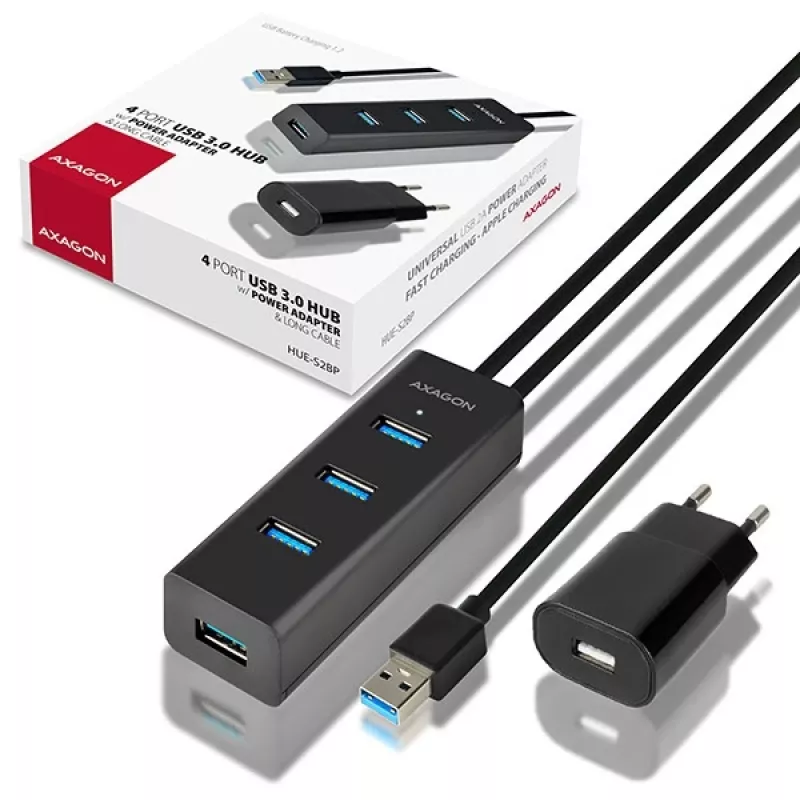 Axagon HUE-S2BP 4x USB 3.0 CHARGING šakotuvas su 1,2 m kabeliu, įskaitant kintamosios srovės adapterį
