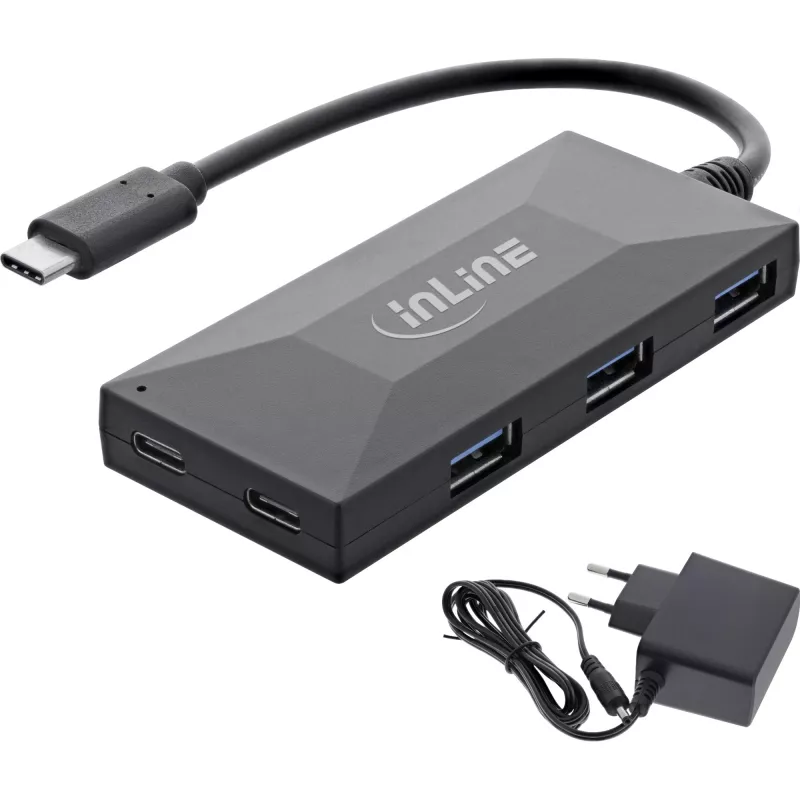 InLine USB 3.2 Gen.1 šakotuvas, USB-C į 2 prievadų USB-C ir 3 prievadų USB-A, su maitinimo bloku