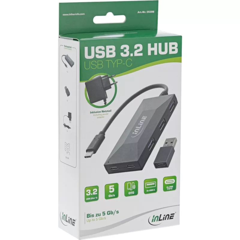 InLine USB 3.2 Gen.1 šakotuvas, USB-C į 2 prievadų USB-C ir 3 prievadų USB-A, su maitinimo bloku