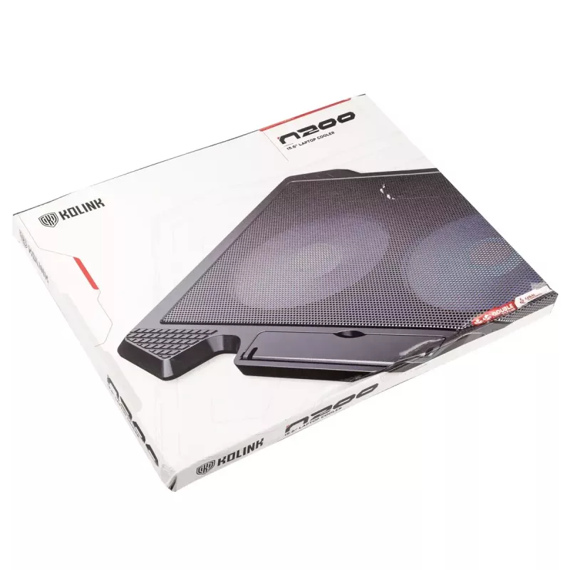 Nešiojamojo kompiuterio aušinimo padėklas Kolink KL-N200, skirtas nešiojamiesiems kompiuteriams iki 39,6 cm (15,6 colio), 2 ventiliatoriai 140 mm, USB maitinimas, juodas