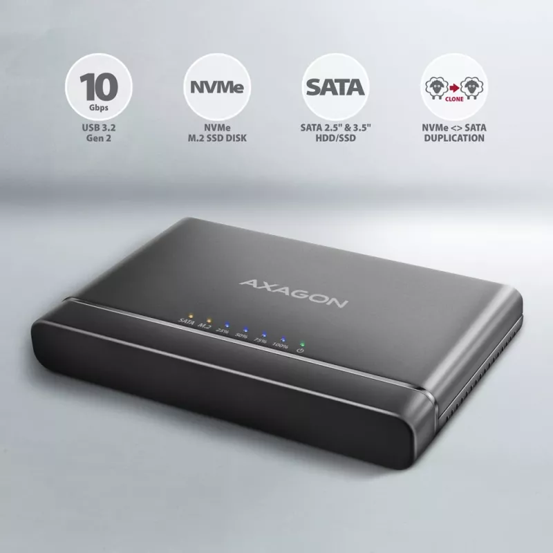 Clone Master USB-C Axagon ADSA-CC NVMe M.2 SSD ir SATA HDD