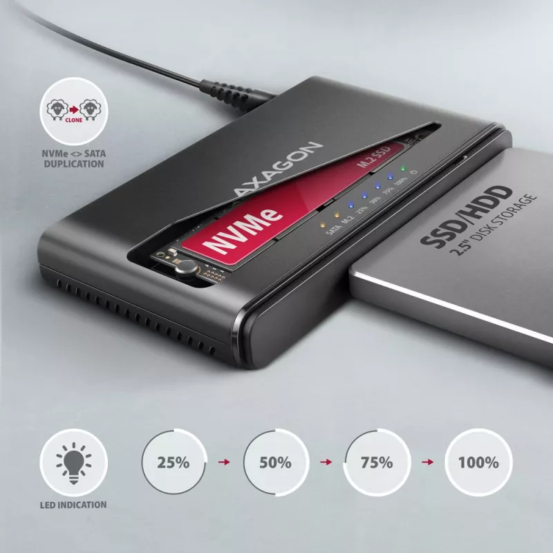 Clone Master USB-C Axagon ADSA-CC NVMe M.2 SSD ir SATA HDD