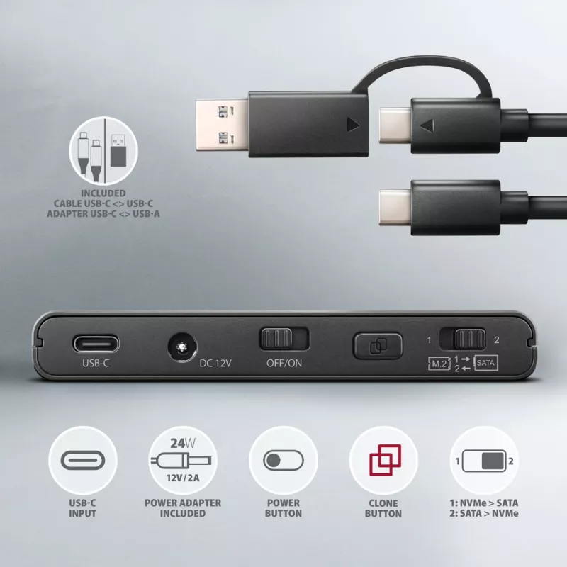 Clone Master USB-C Axagon ADSA-CC NVMe M.2 SSD ir SATA HDD
