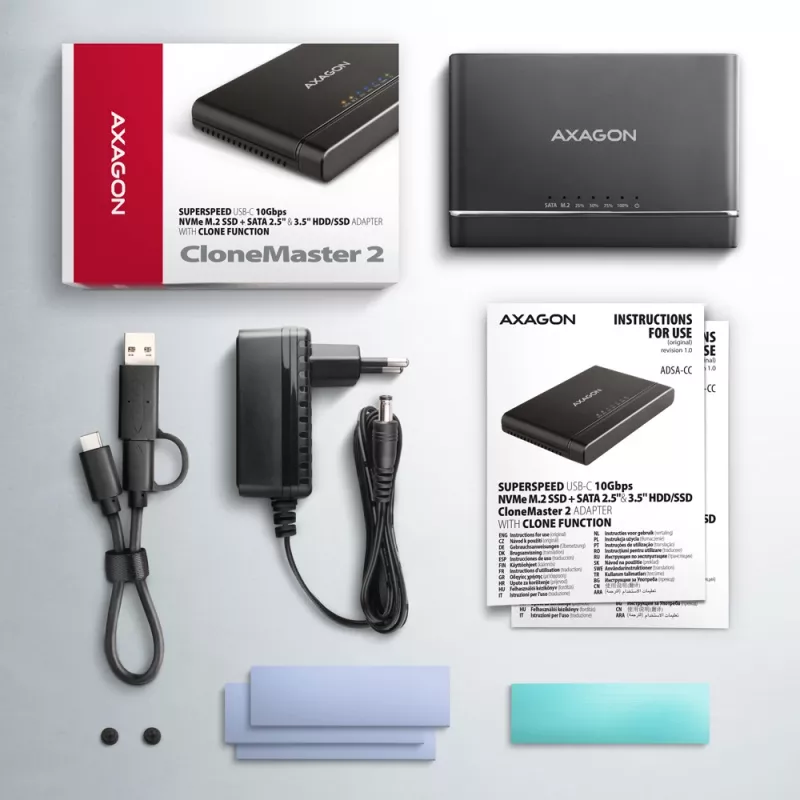 Clone Master USB-C Axagon ADSA-CC NVMe M.2 SSD ir SATA HDD