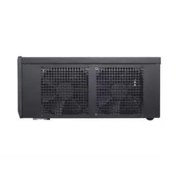 PC korpusas SILVERSTONE Grandia GD05 HTPC juodas — Mini‑ITX/DTX/Micro‑ATX, 2×3,5 colio + 2×2,5 colio, 1×5,25 colio, 3×120 mm šoniniai ventiliatoriai, USB 3.0