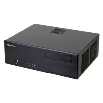 PC korpusas SILVERSTONE Grandia GD05 HTPC juodas — Mini‑ITX/DTX/Micro‑ATX, 2×3,5 colio + 2×2,5 colio, 1×5,25 colio, 3×120 mm šoniniai ventiliatoriai, USB 3.0