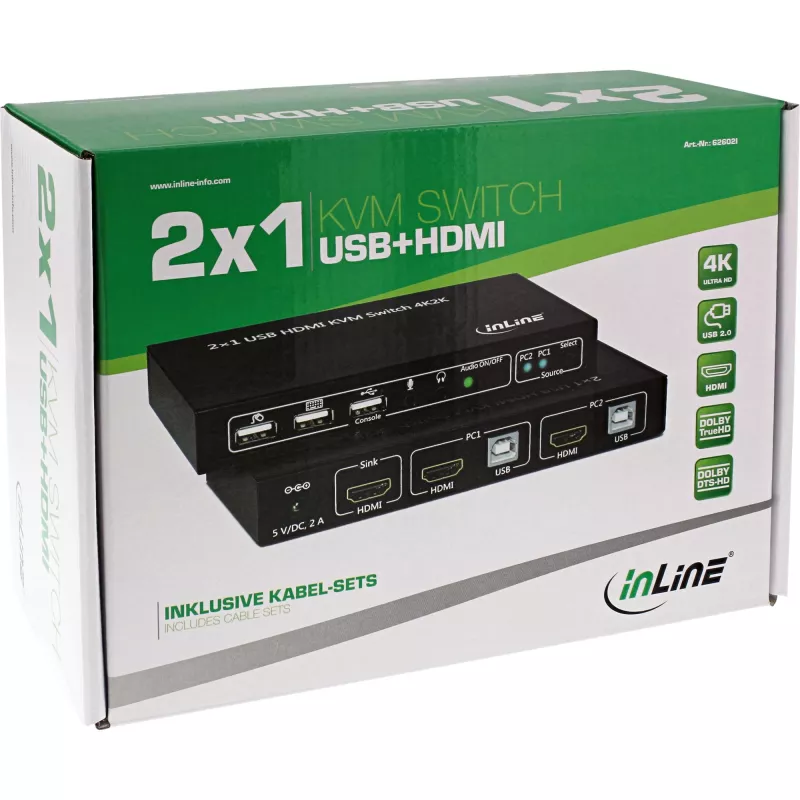 InLine 2x1 HDMI KVM jungiklis, 2x1, HDMI 4K2K, USB 2.0 šakotuvas, su garso įvestimi