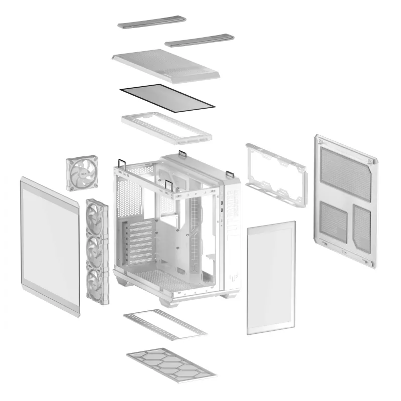 PC Case ASUS TUF GAMING GT502 Horizon TG ARGB White — Midi Tower, ATX, grūdintas stiklas, 4×3,5 colio nišos, maks. GPU 400 mm