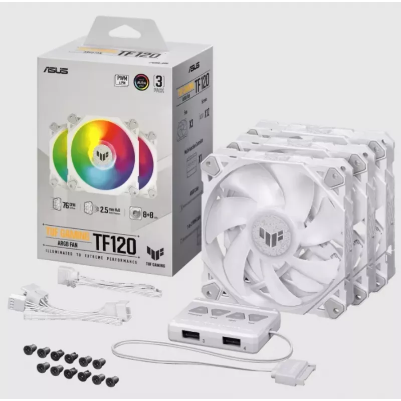 Oro aušintuvas ASUS TUF GAMING TF120 ARGB WHITE EDITION — 3×120 mm ventiliatoriai, 1900 RPM, 29 dB, nuotolinio valdymo pultelis