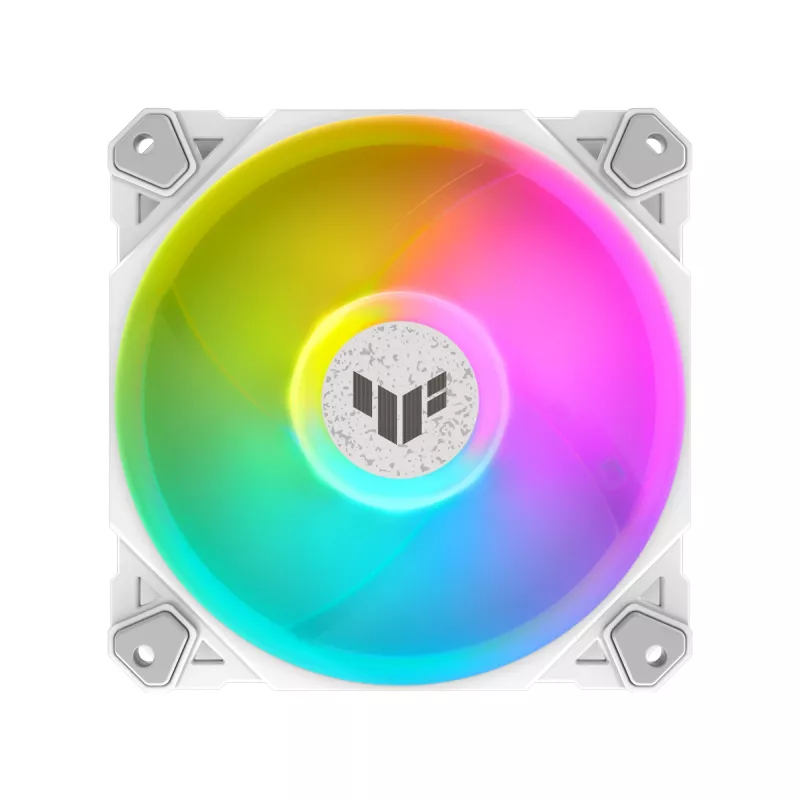 Oro aušintuvas ASUS TUF GAMING TF120 ARGB WHITE EDITION — 3×120 mm ventiliatoriai, 1900 RPM, 29 dB, nuotolinio valdymo pultelis