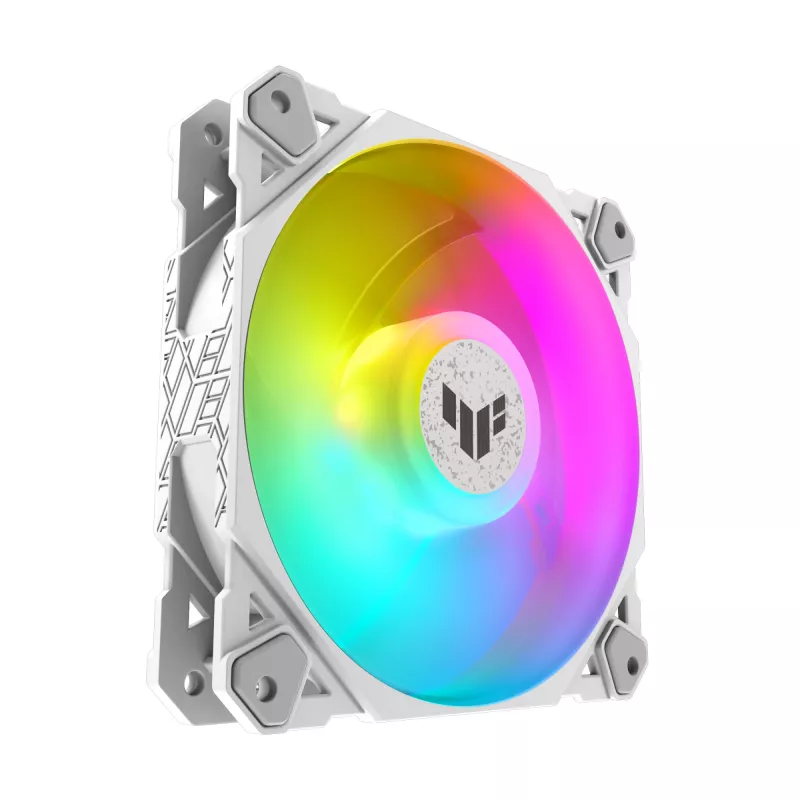 Oro aušintuvas ASUS TUF GAMING TF120 ARGB WHITE EDITION — 3×120 mm ventiliatoriai, 1900 RPM, 29 dB, nuotolinio valdymo pultelis