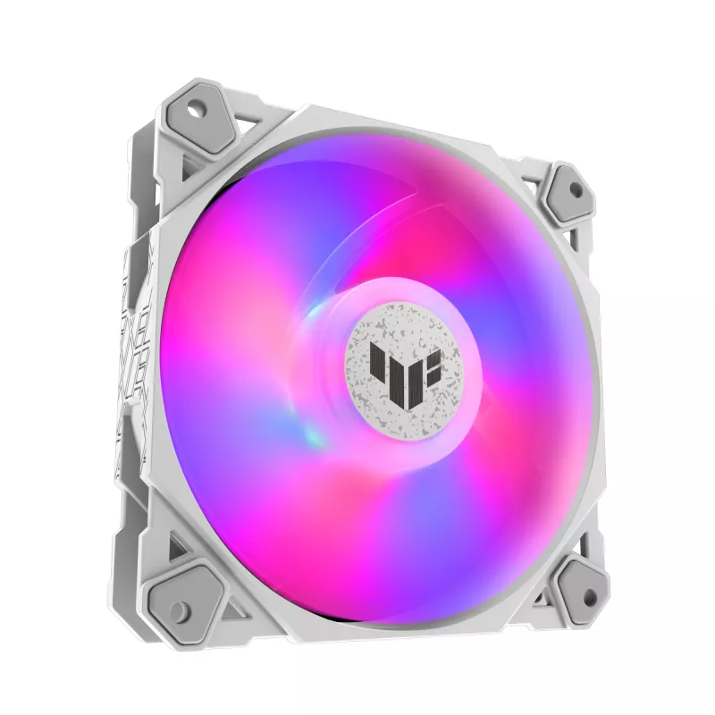 Oro aušintuvas ASUS TUF GAMING TF120 ARGB WHITE EDITION — 3×120 mm ventiliatoriai, 1900 RPM, 29 dB, nuotolinio valdymo pultelis