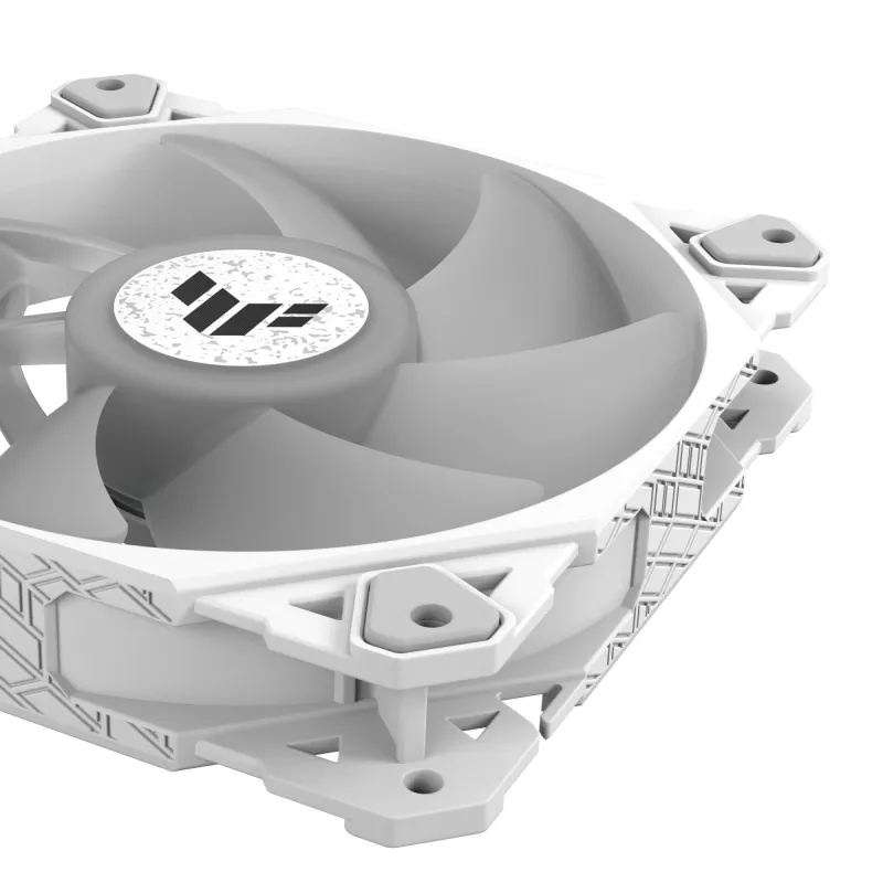 Oro aušintuvas ASUS TUF GAMING TF120 ARGB WHITE EDITION — 3×120 mm ventiliatoriai, 1900 RPM, 29 dB, nuotolinio valdymo pultelis