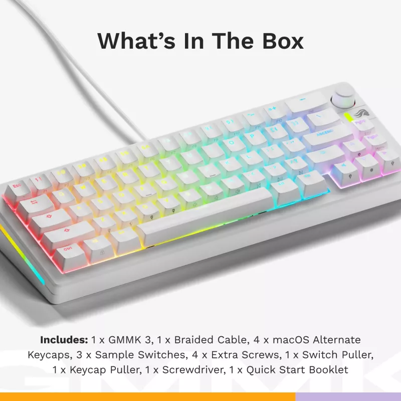 Mechaninė žaidimų klaviatūra GLORIOUS GMMK 3 65% balta — laidinė USB, RGB, QWERTY (US)