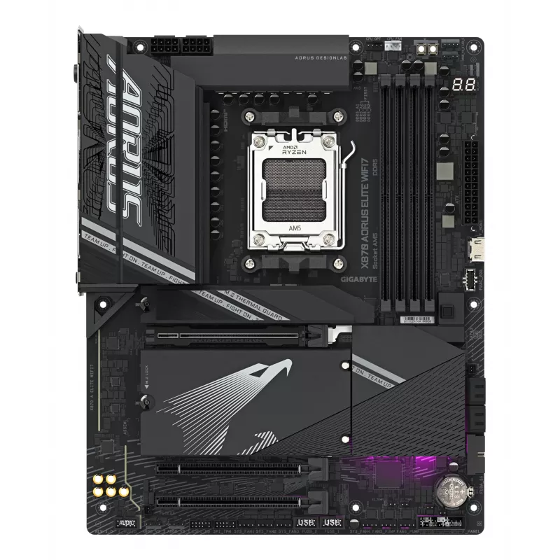 GIGABYTE X870 AORUS ELITE WIFI7 pagrindinė plokštė – palaiko AMD Ryzen 9000 procesorius, 16+2+2 fazių VRM, iki 8000MHz DDR5 (OC), 3xPCIe 5.0 + 1xPCIe 4.0, Wi-Fi 7, 2.5GbE LAN, USB 4