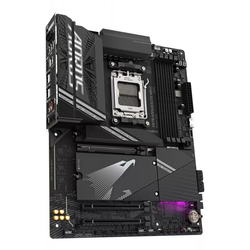 GIGABYTE X870 AORUS ELITE WIFI7 pagrindinė plokštė – palaiko AMD Ryzen 9000 procesorius, 16+2+2 fazių VRM, iki 8000MHz DDR5 (OC), 3xPCIe 5.0 + 1xPCIe 4.0, Wi-Fi 7, 2.5GbE LAN, USB 4