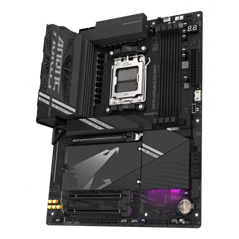 GIGABYTE X870 AORUS ELITE WIFI7 pagrindinė plokštė – palaiko AMD Ryzen 9000 procesorius, 16+2+2 fazių VRM, iki 8000MHz DDR5 (OC), 3xPCIe 5.0 + 1xPCIe 4.0, Wi-Fi 7, 2.5GbE LAN, USB 4