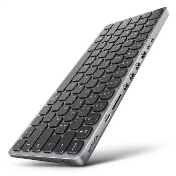 Axagon HMC-KB-GE, USB 5Gbps centras su klaviatūra, HDMI 4K/60Hz, 3x USB-A, SD/mSD, garsas, PD 100, vokiškas išdėstymas