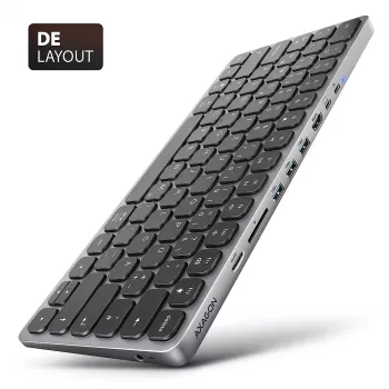 Axagon HMC-KB-GE, USB 5Gbps centras su klaviatūra, HDMI 4K/60Hz, 3x USB-A, SD/mSD, garsas, PD 100, vokiškas išdėstymas