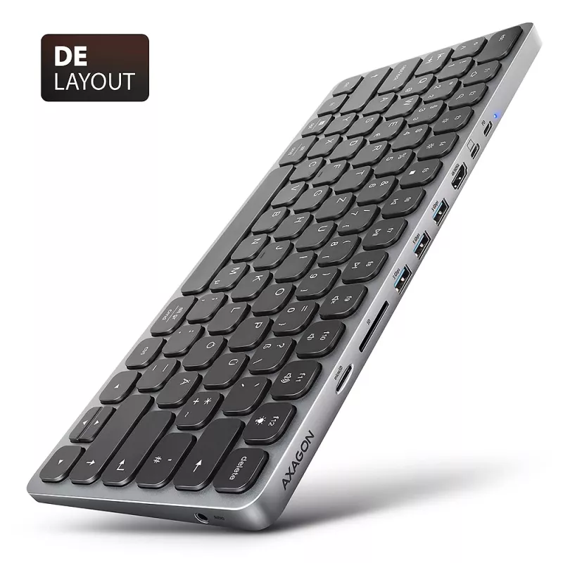 Axagon HMC-KB-GE, USB 5Gbps centras su klaviatūra, HDMI 4K/60Hz, 3x USB-A, SD/mSD, garsas, PD 100, vokiškas išdėstymas