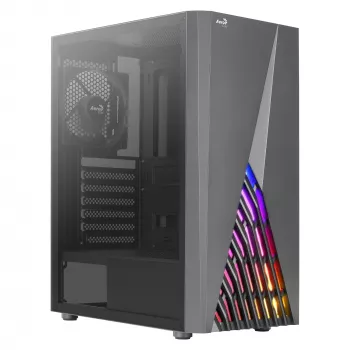 Aerocool DELTABKV1 ATX PC korpusas RGB priekis pilnas šoninis langas 12cm ventiliatorius juodas