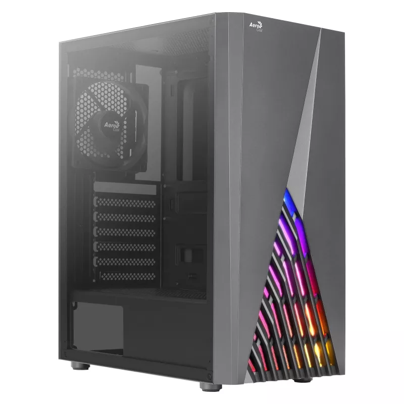 Aerocool DELTABKV1 ATX PC korpusas RGB priekis pilnas šoninis langas 12cm ventiliatorius juodas